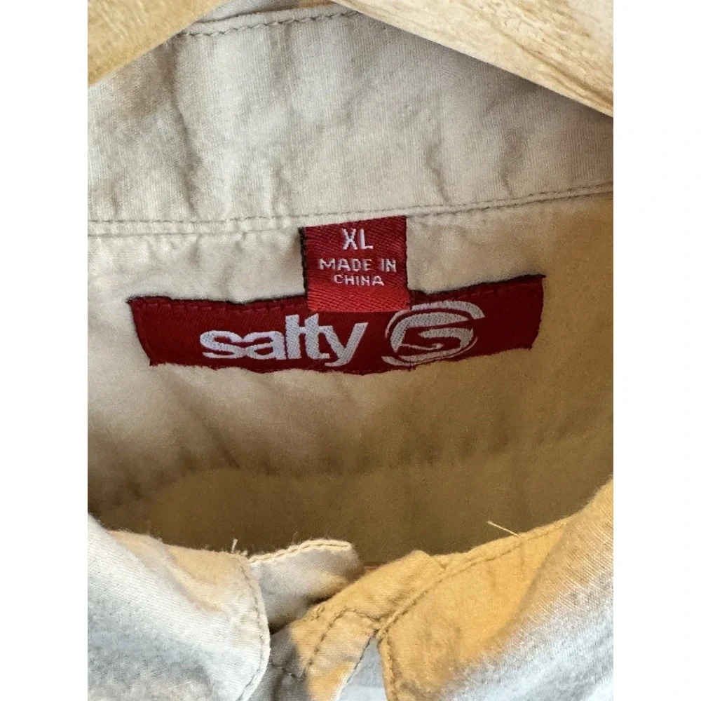 Salty G Men XL Beige Embroidered Button‎ Front Camp Shirt Cotton Casual Vacation